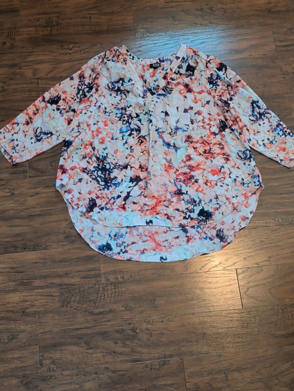 a.n.a Coral & Navy Floral V-Neck Blouse